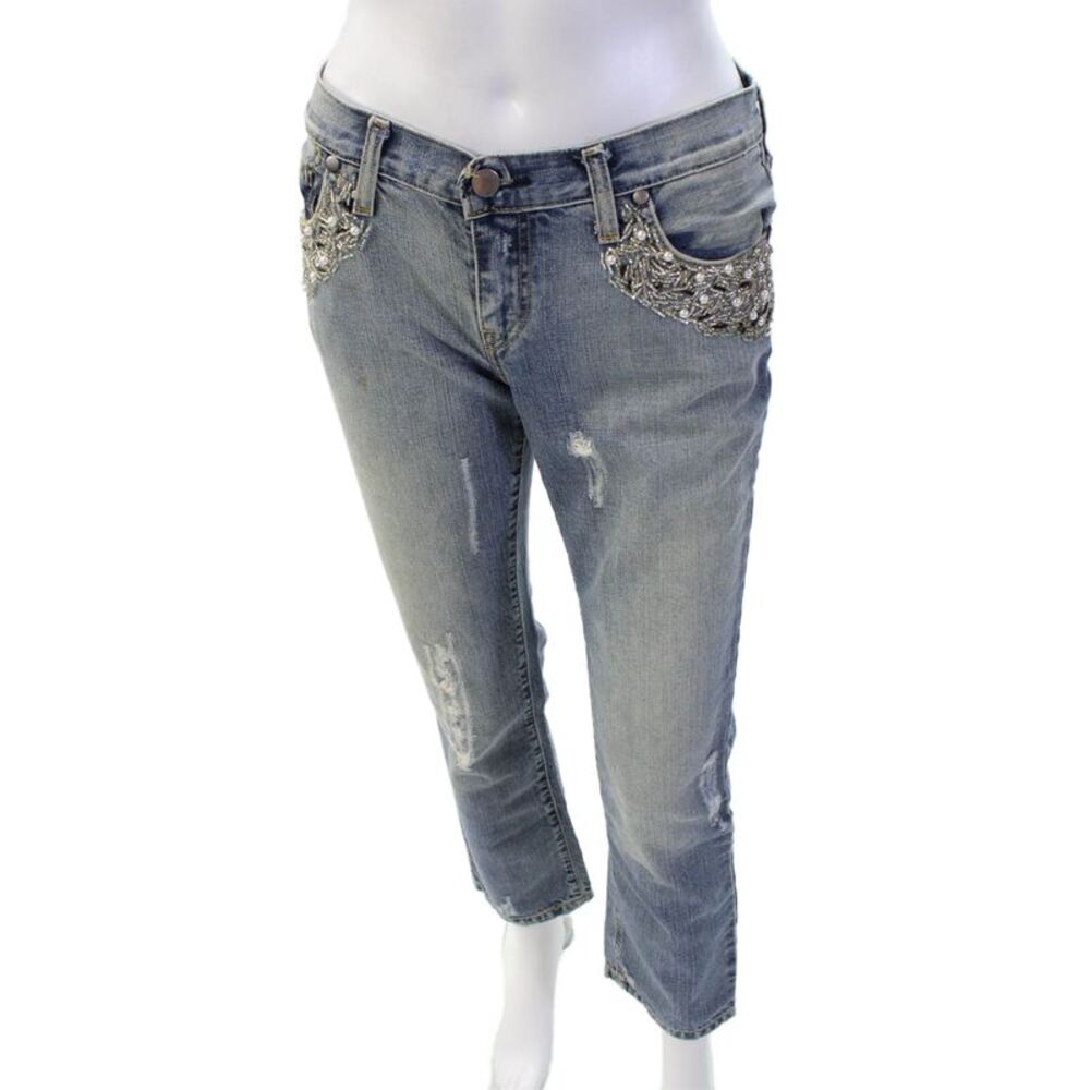 Les Femmes Womens Cotton Embellished Distressed Denim Pants Blue Size XS
